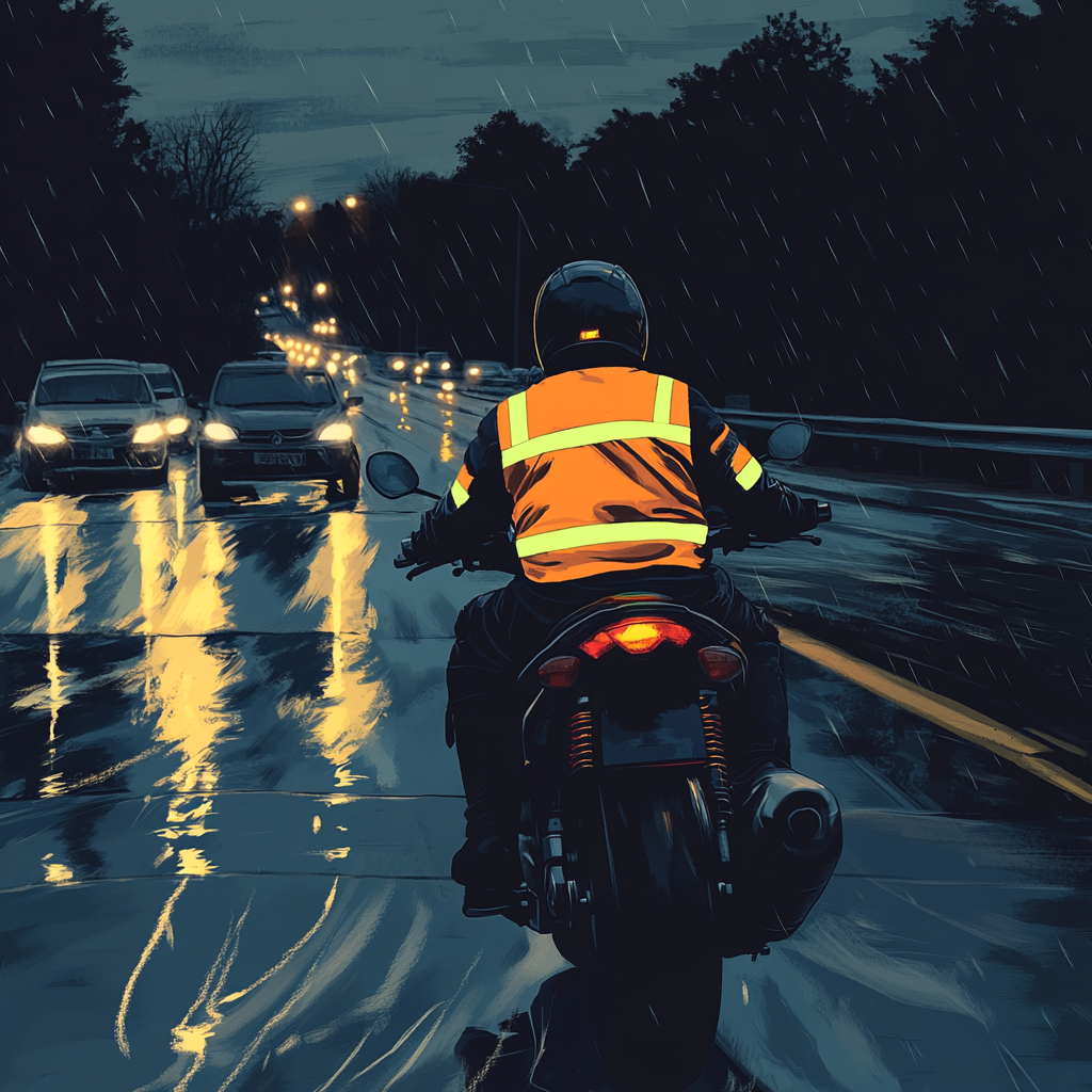 Motorcyclist in neon gear rides on wet road at dusk.