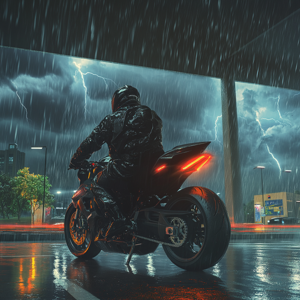 Motorcyclist in rain gear shelters in covered parking. Lightning.