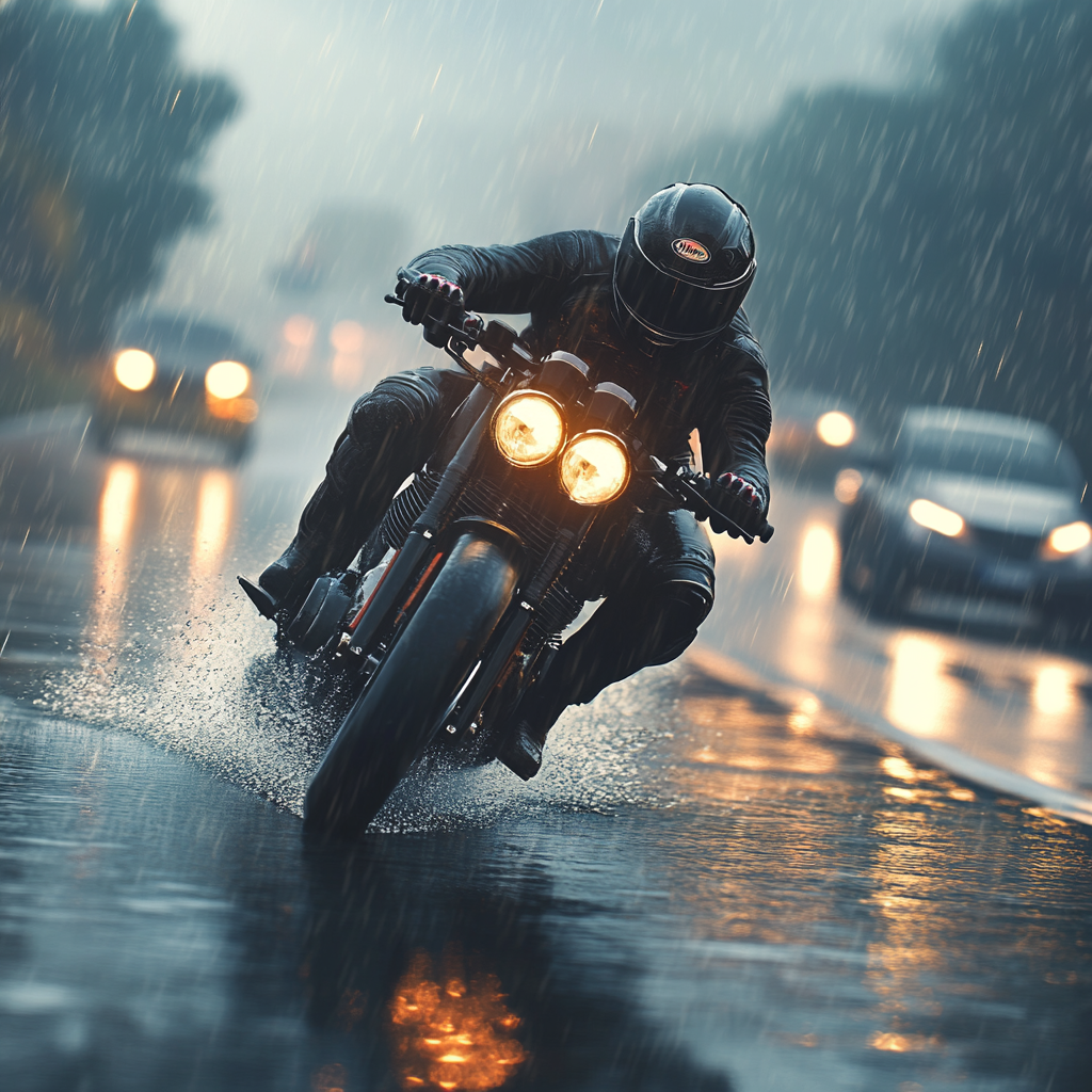 Motorcyclist in rain slowing down to avoid skidding.