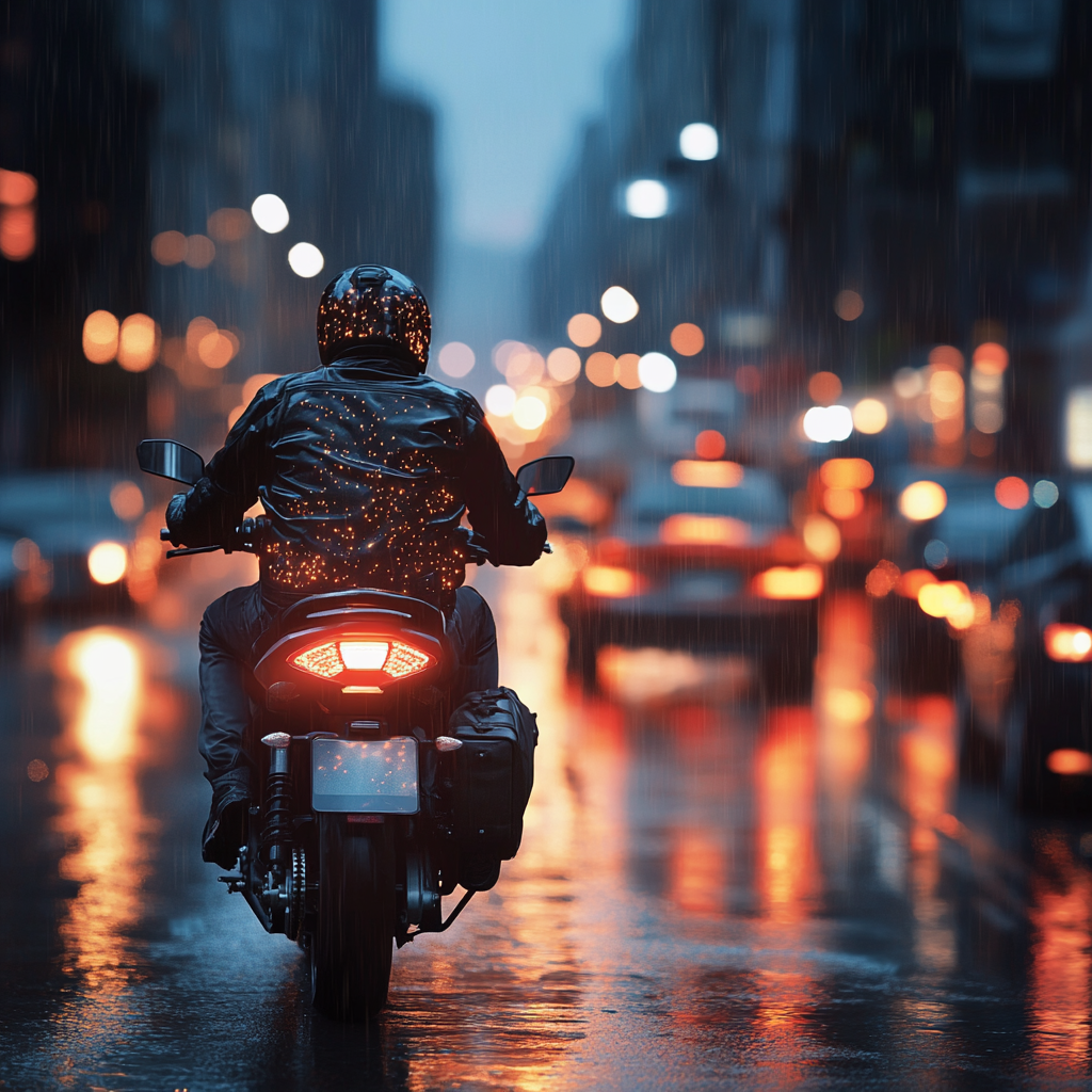 Motorcyclist in reflective gear on rainy urban street at dusk.