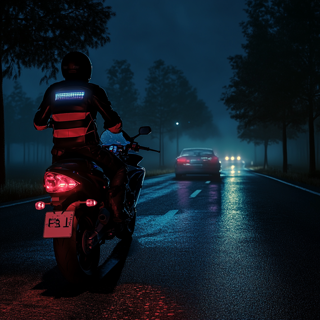 Motorcyclist in reflective gear safely stopped on dark road.