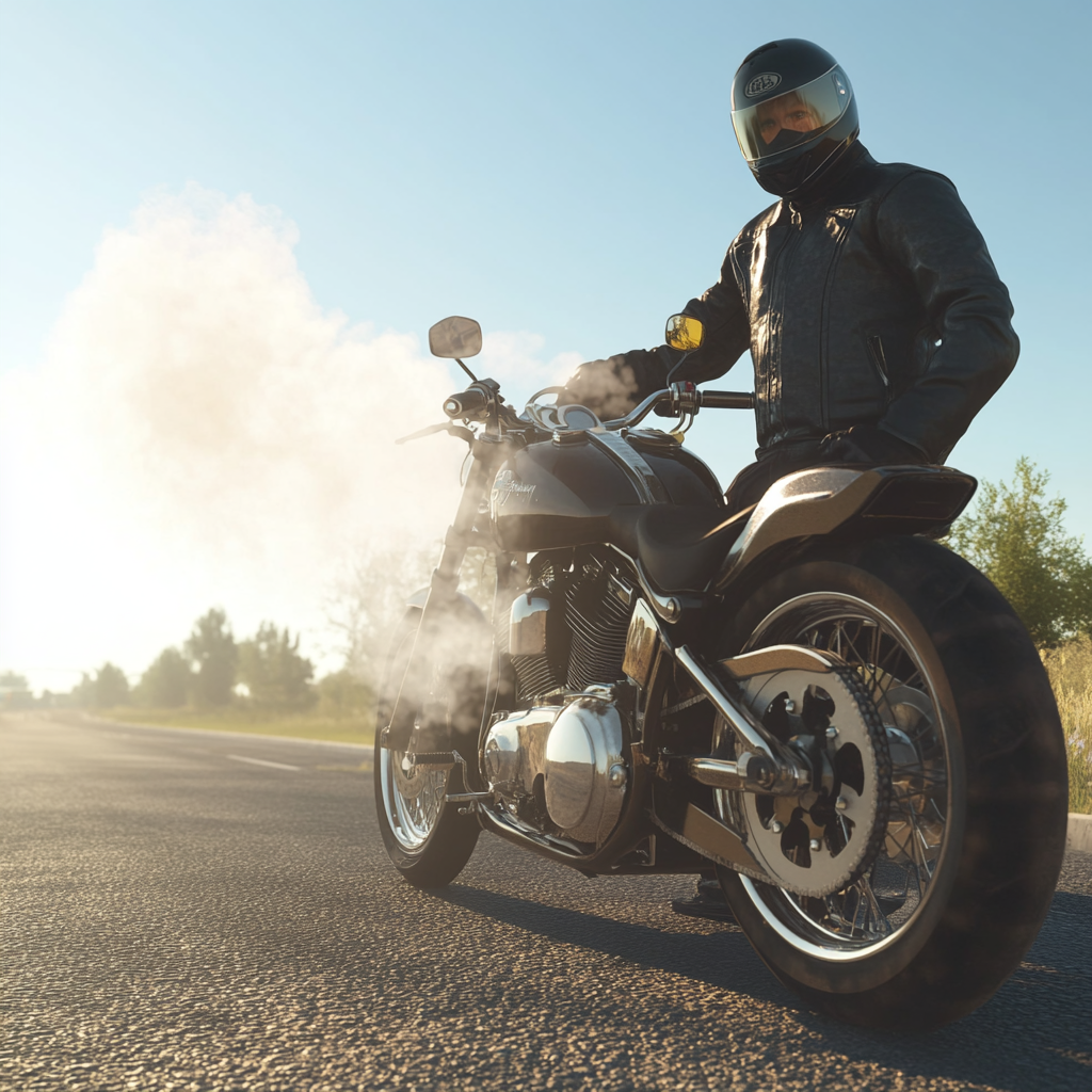 Motorcyclist inspecting engine with visible steam, sunny roadside setting.