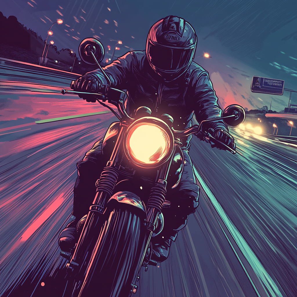 Motorcyclist on highway at night, drowsy and fatigued.