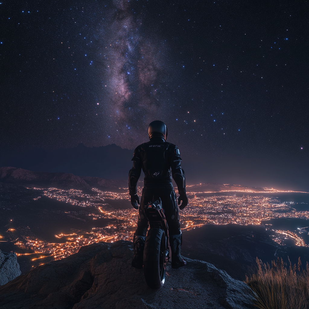 Motorcyclist on mountain peak looking at city at night