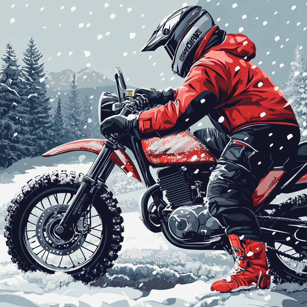 Motorcyclist prepping bike with winter tires and antifreeze.