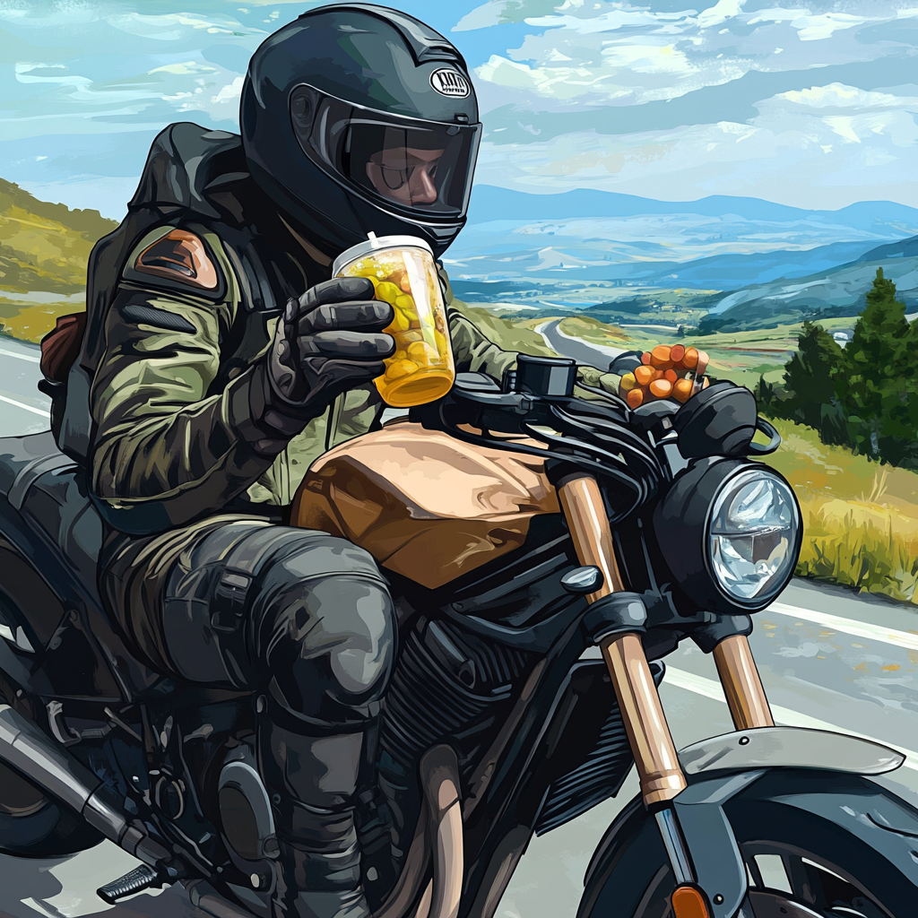 Motorcyclist resting at rest stop, eating fruits and drinking water.