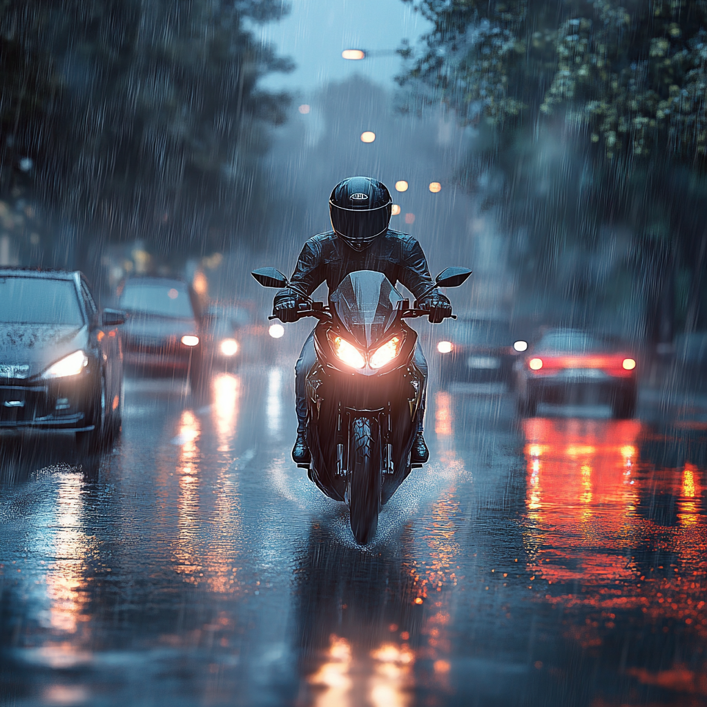 Motorcyclist rides cautiously in rain and fog on city road.