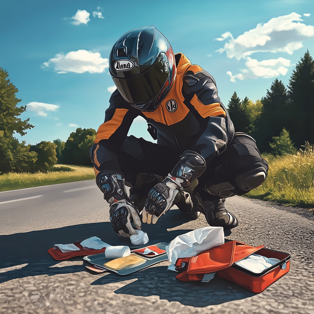 Motorcyclist with first aid kit on European roadside.