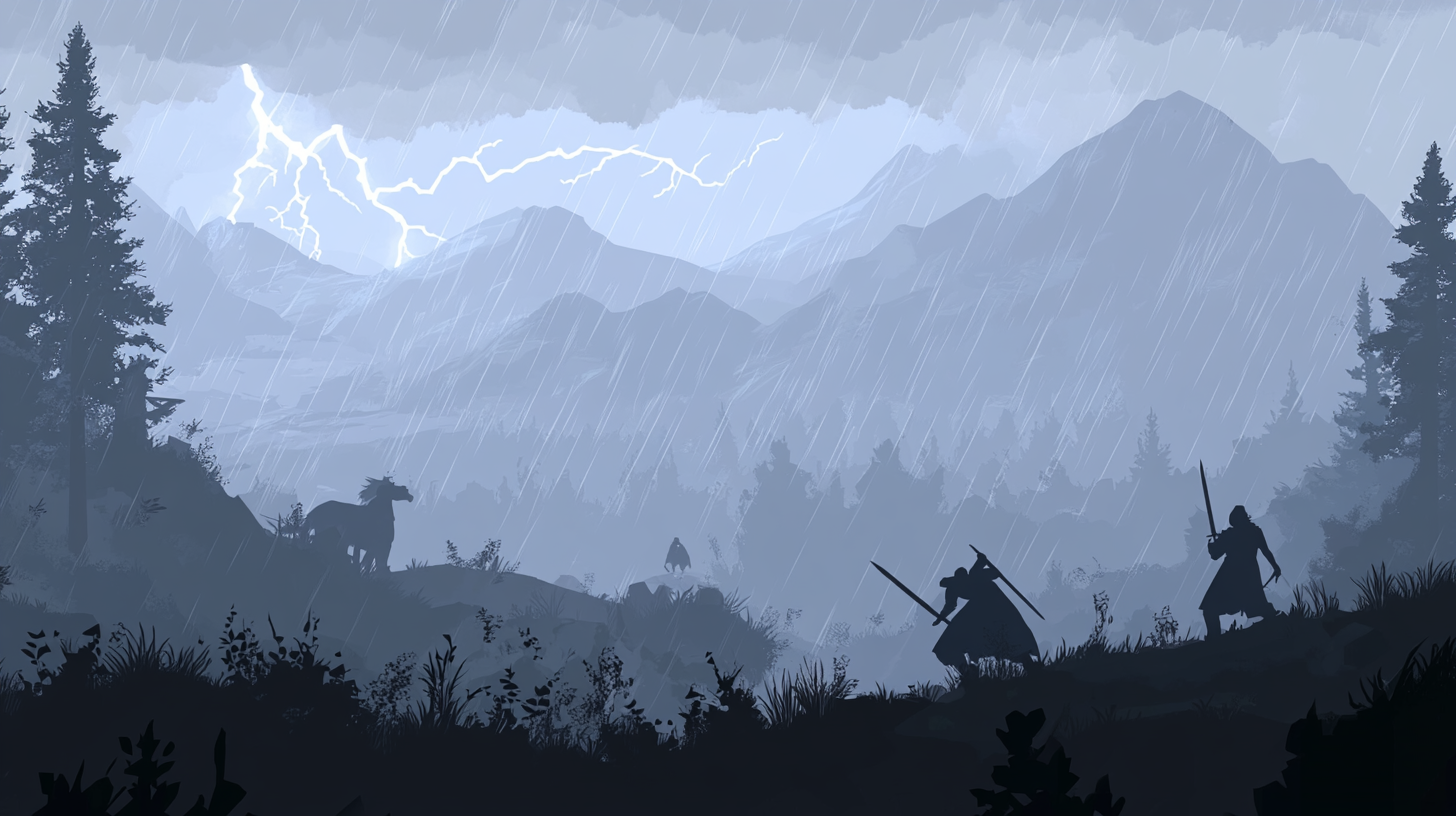 Mountain landscape with silhouettes fighting in heavy rain.