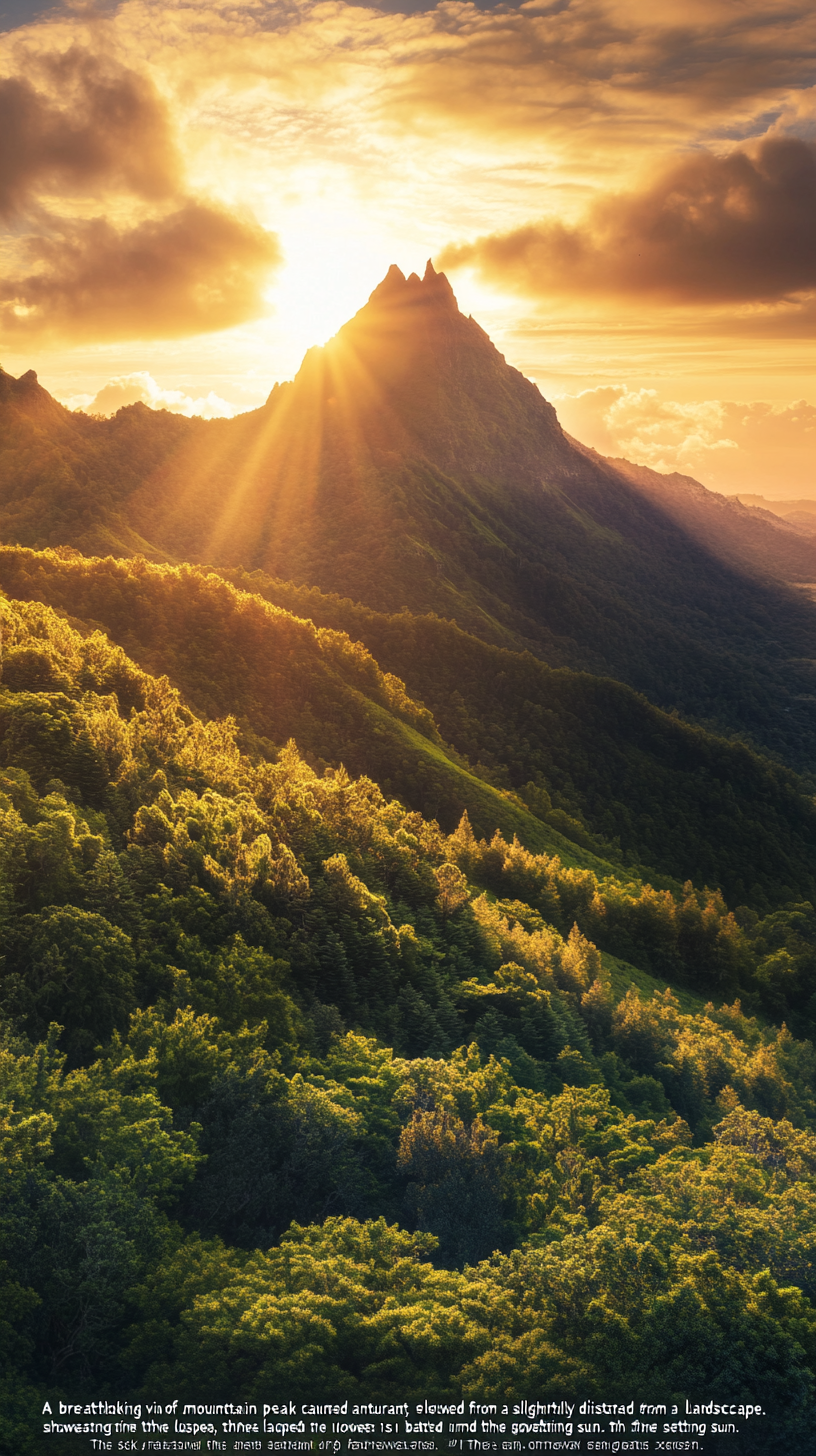 Mountain peak view with lush green forests, sunset glow.