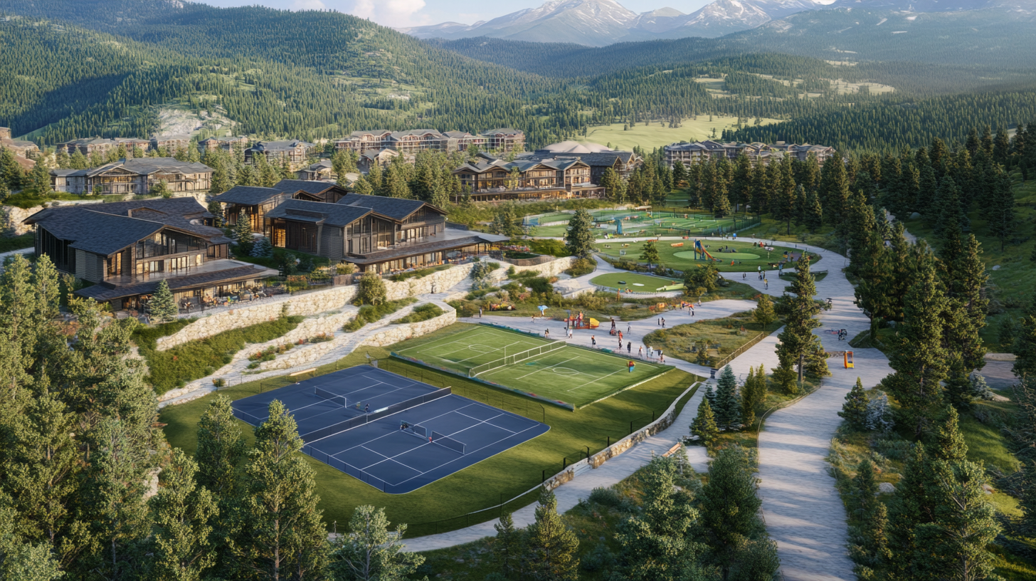 Mountain resort with courts, field, play area in forest