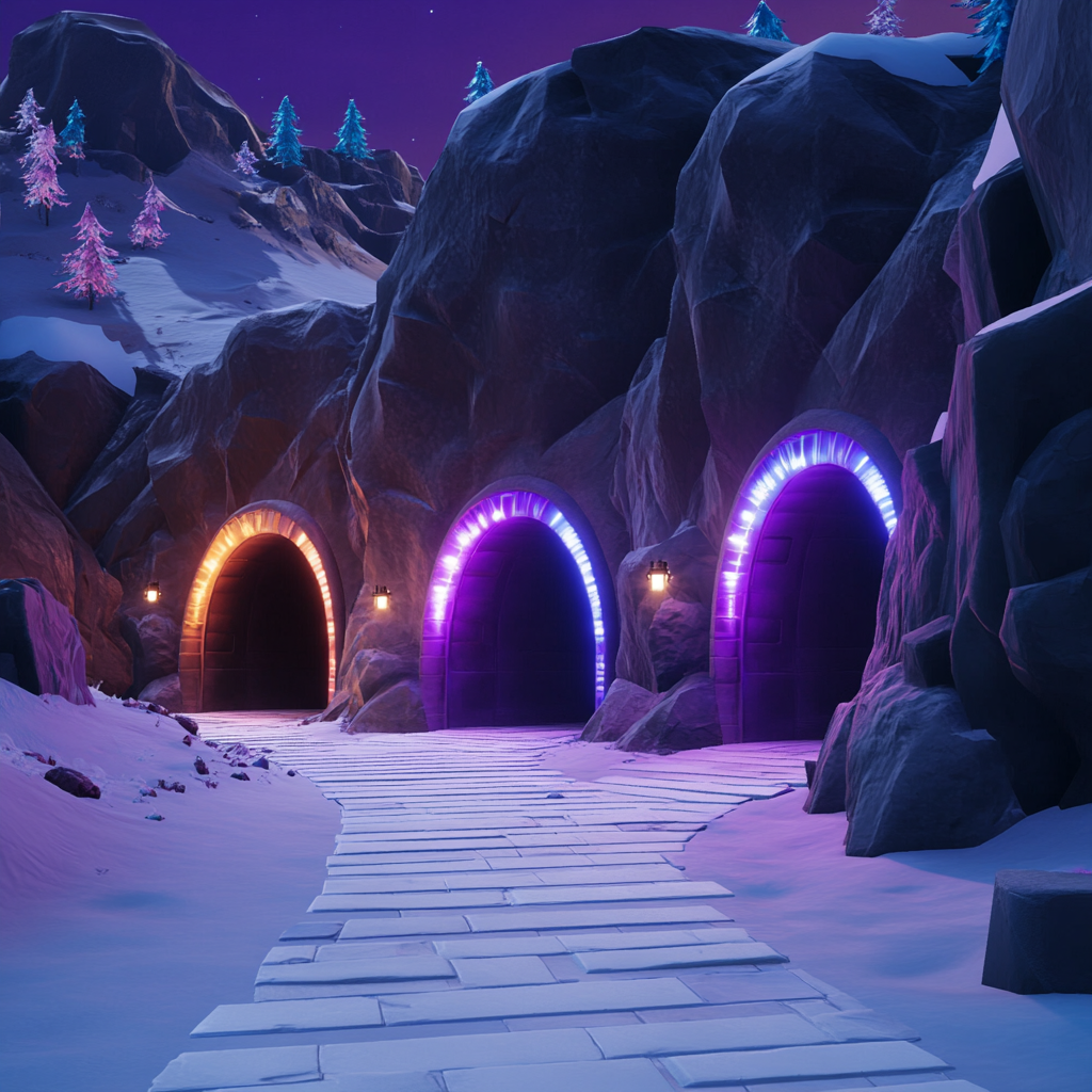 Mountain with tunnels in semi circle, different colored lights.