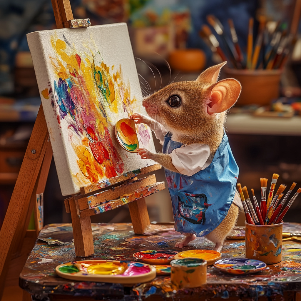 Mouse artist painting vibrant colors on canvas, in studio.