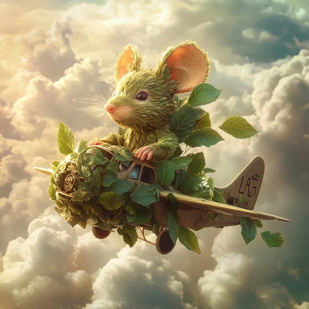 Mouse made of leaves on airplane in clouds.