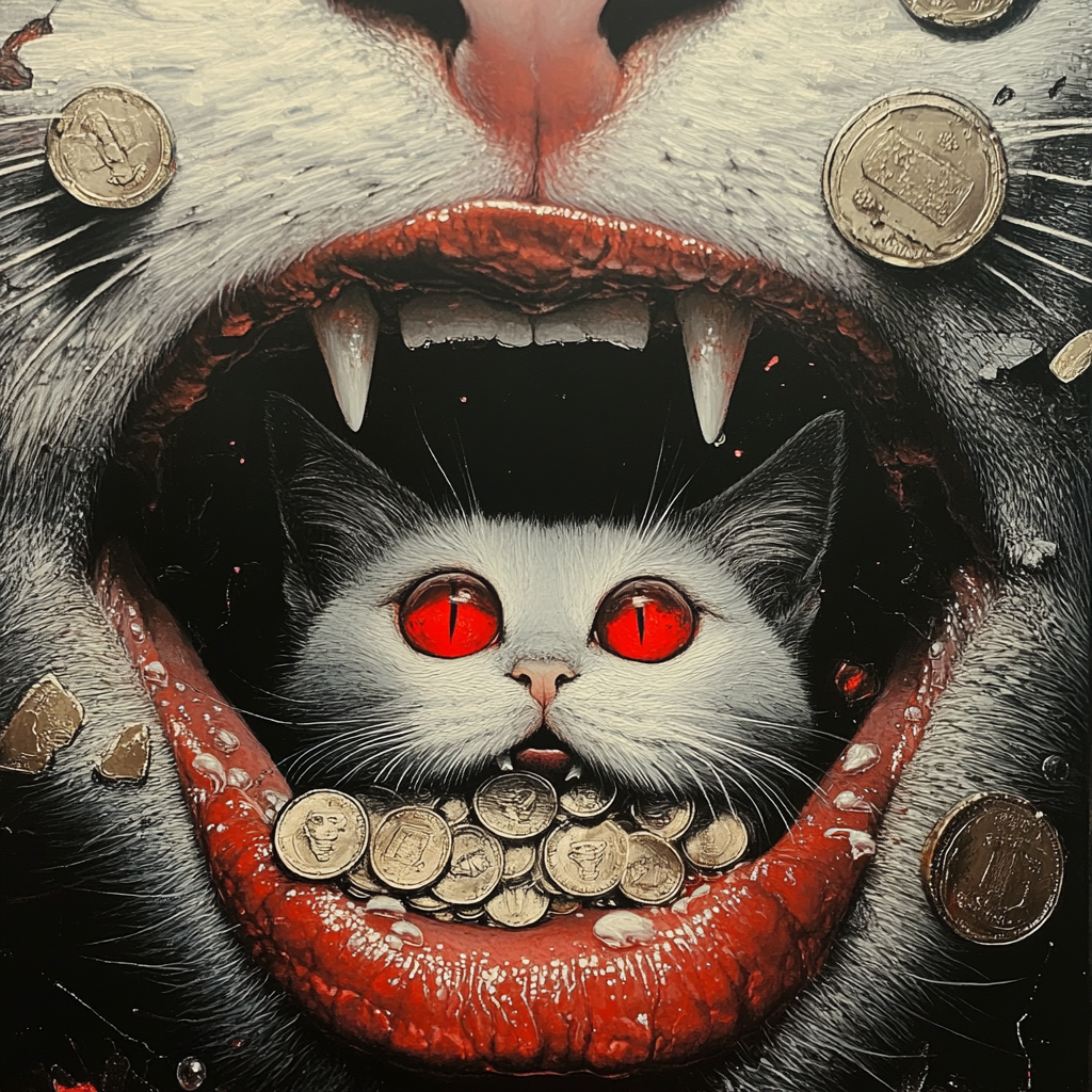 Mouth with acid tab showing cat with coins.