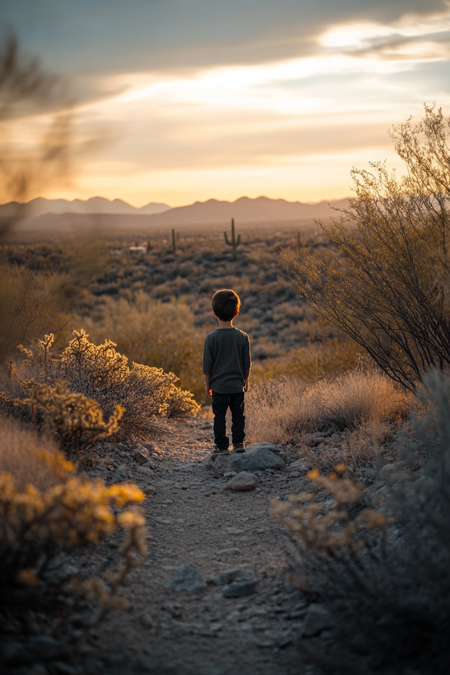 Movie poster style photo of small boy in desert.