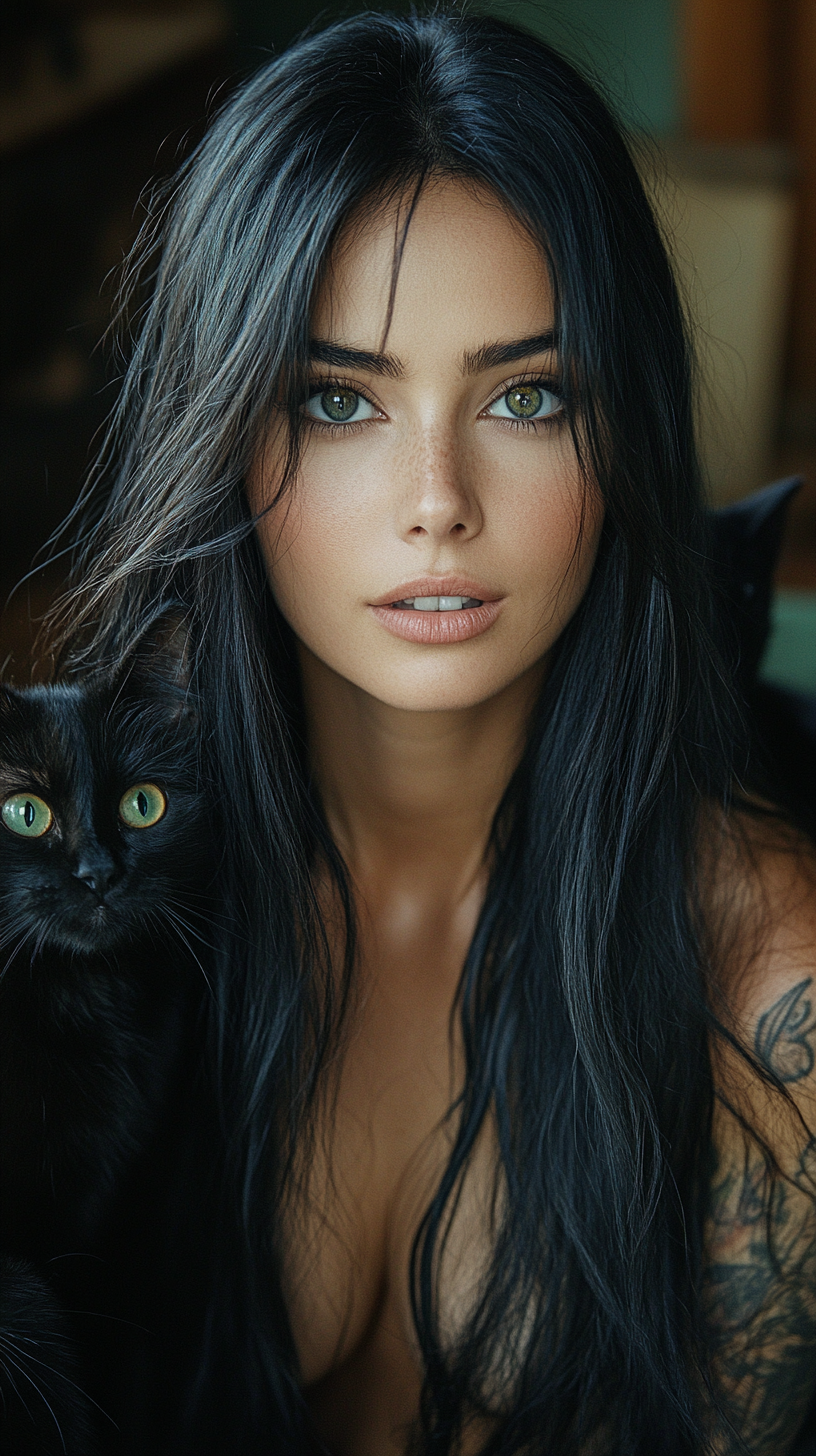 Movie still of Brazilian woman with black hair, cats.