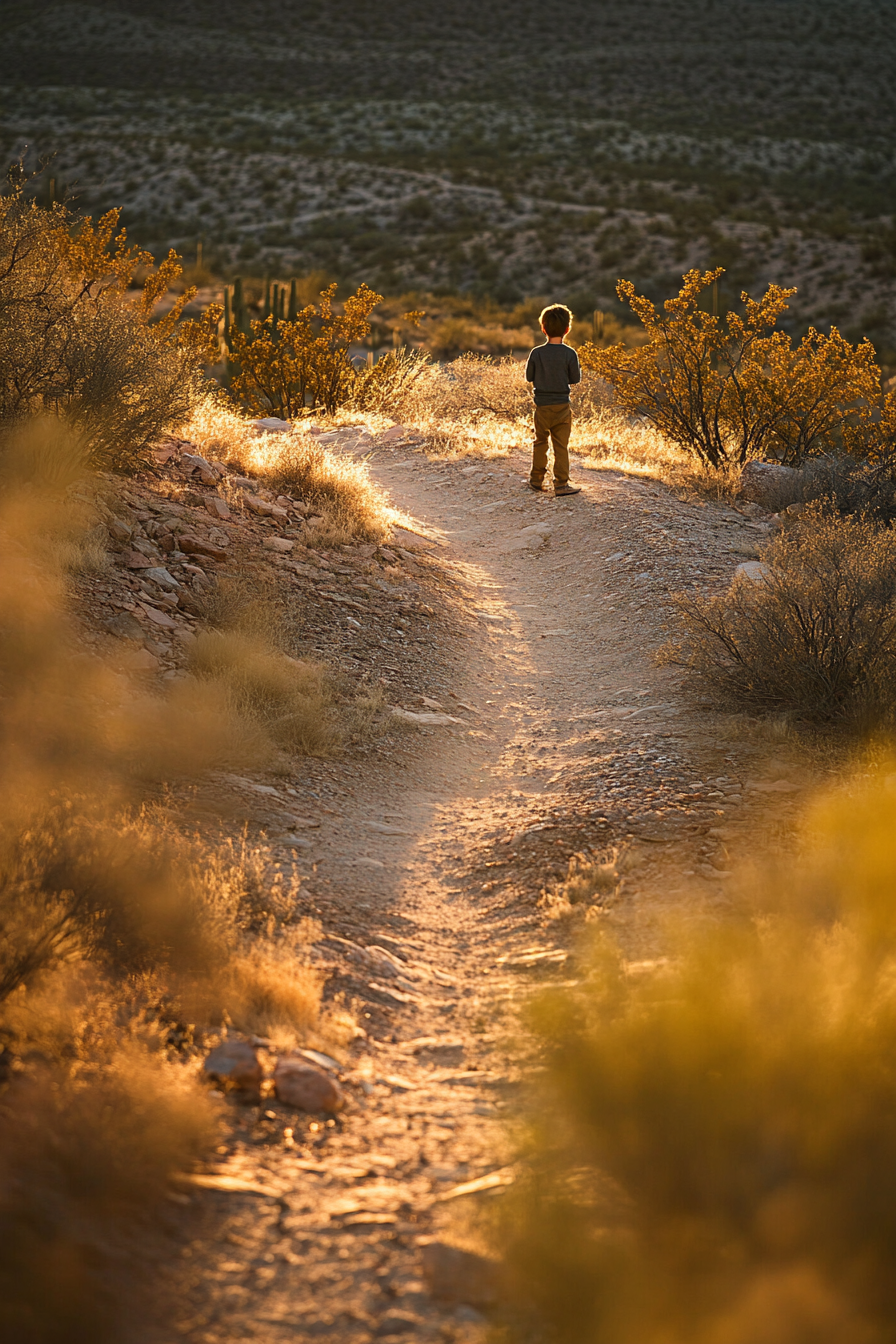 Movie style photo of a boy in desert.