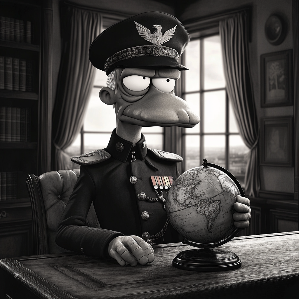 Mr Burns with military attire, holding globe, sitting.