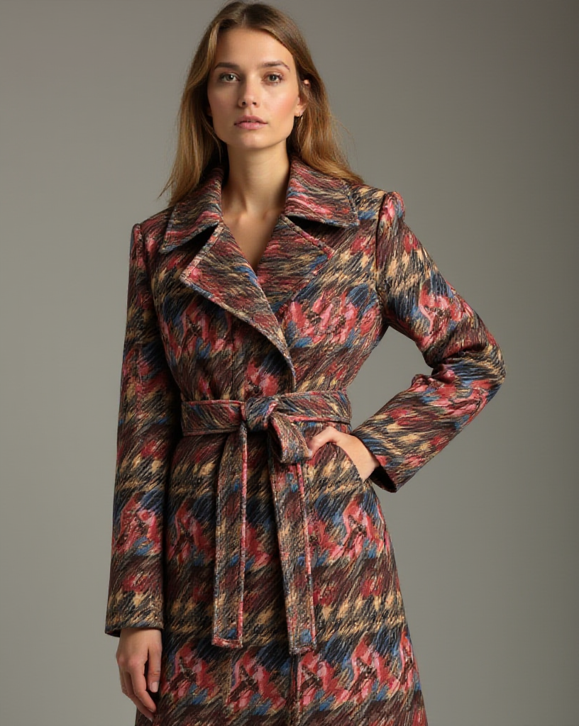 Multicolored, stylish coat for women in 2050 fashion.