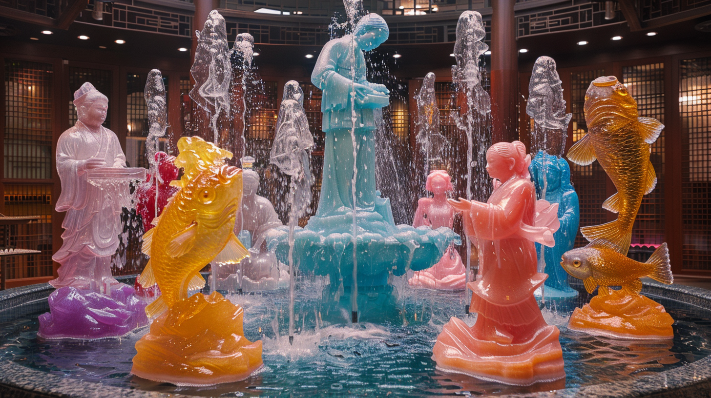 Multicolored Sorbet Fountain with Proposal Statue and Fish Sprayers