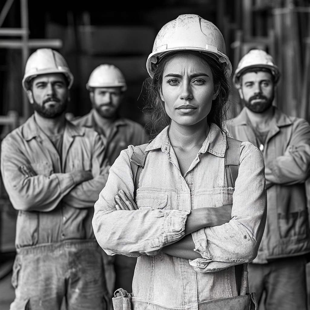 Multicultural construction team in professional attire and helmets.