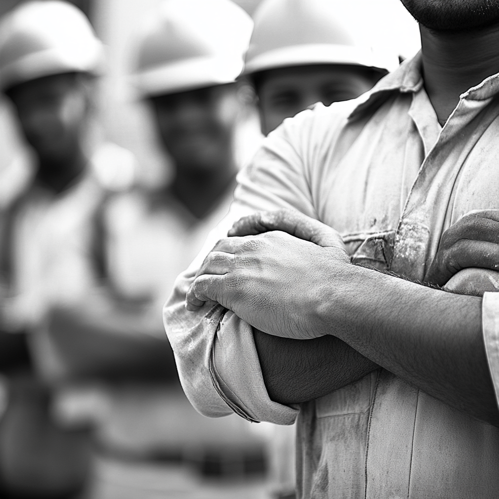 Multicultural construction team with folded hands, professional attire.