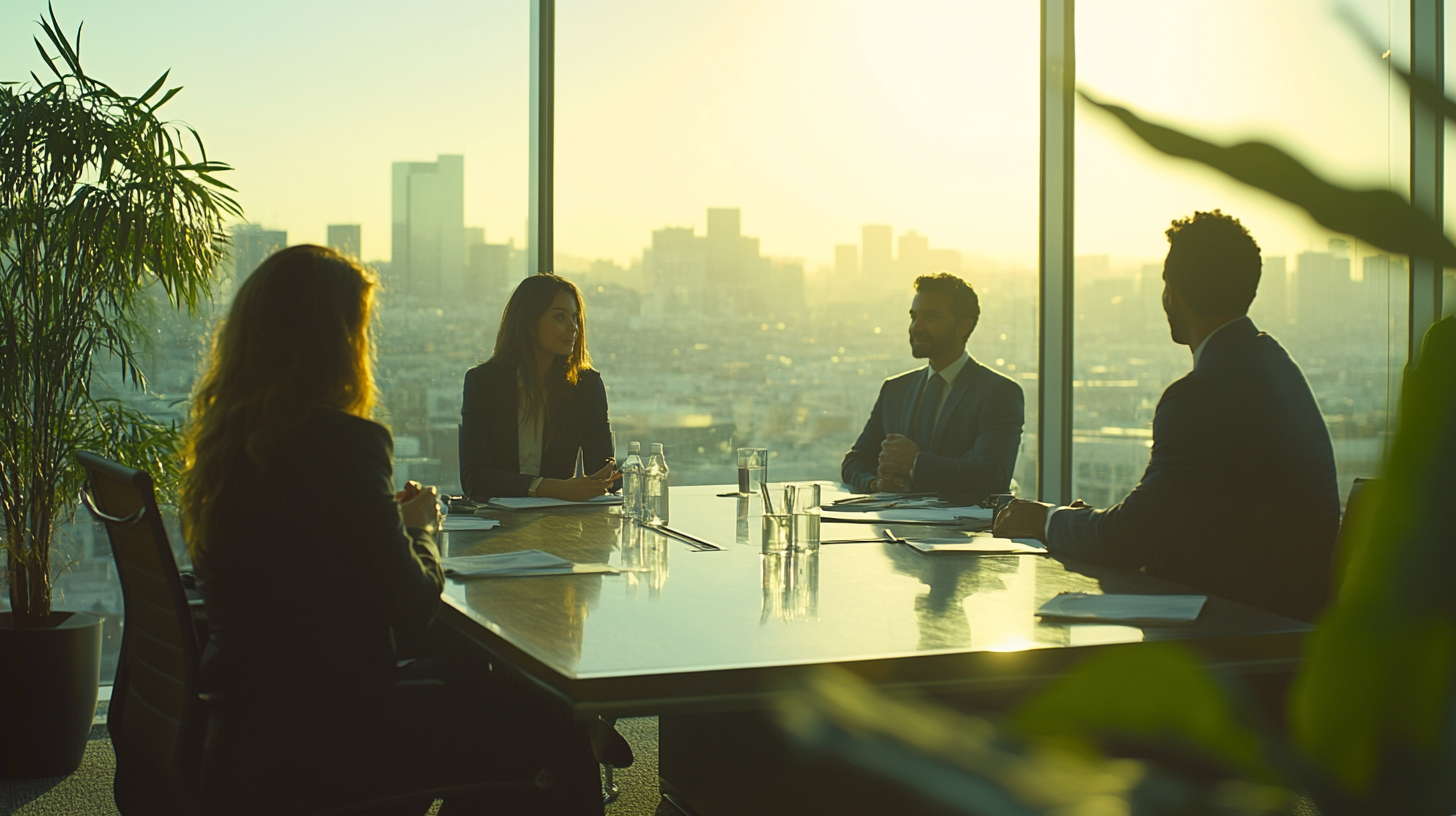 Multicultural executives in serious meeting, cityscape backdrop