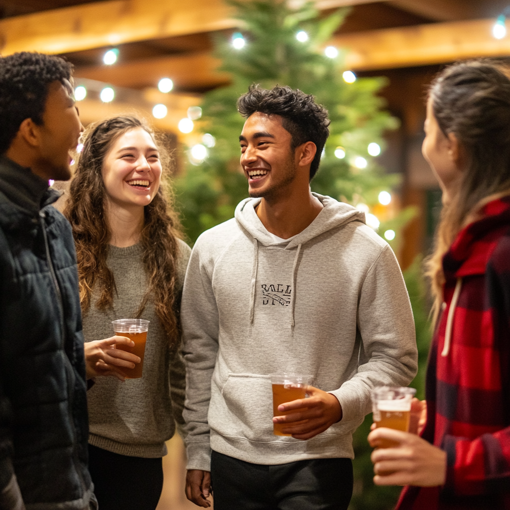 Multicultural group reunites for festive indoor holiday party.