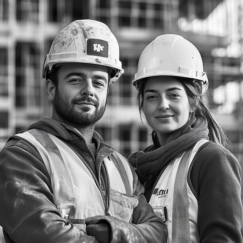 Multicultural man and woman construction workers with helmets.