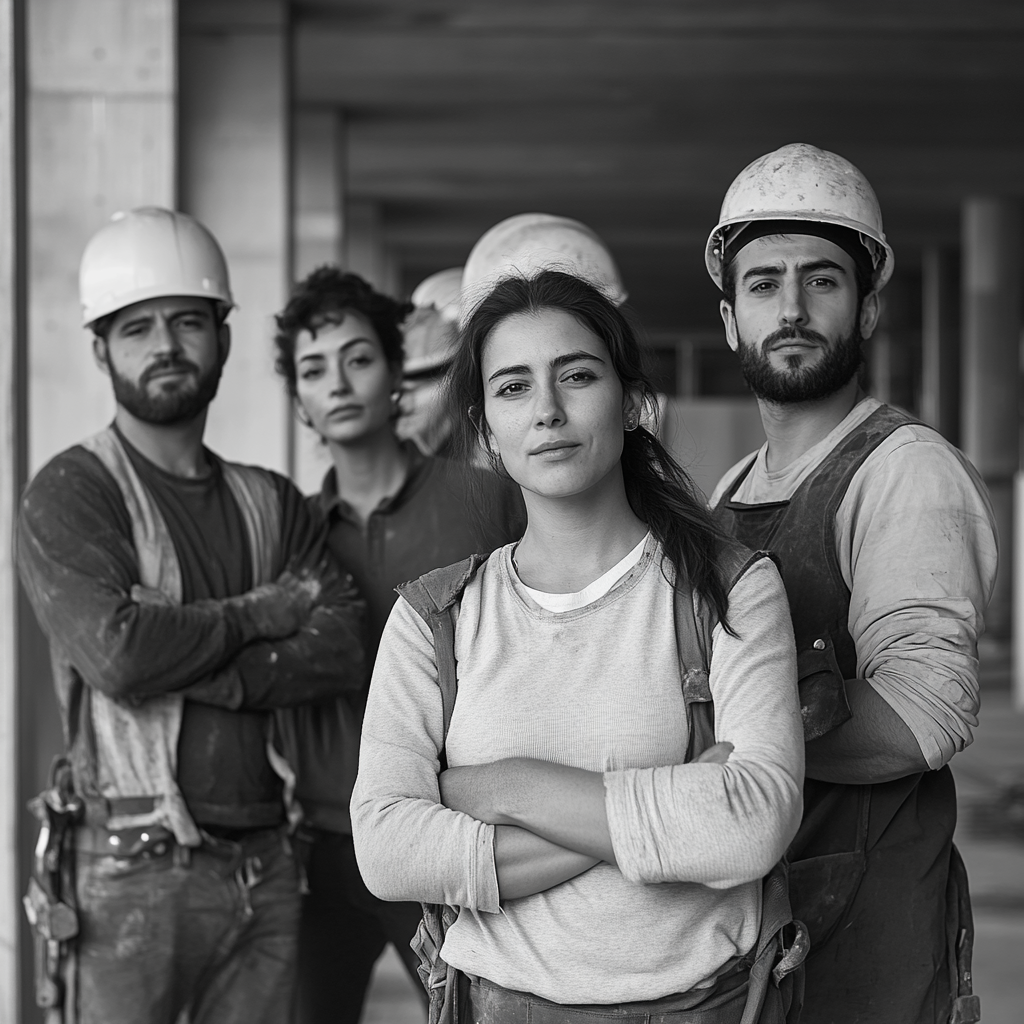 Multicultural workers on site, proud, black and white photo.