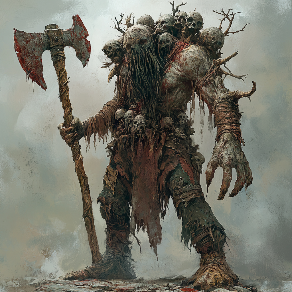 Multiheaded giant with great axe, realistic fantasy creature.