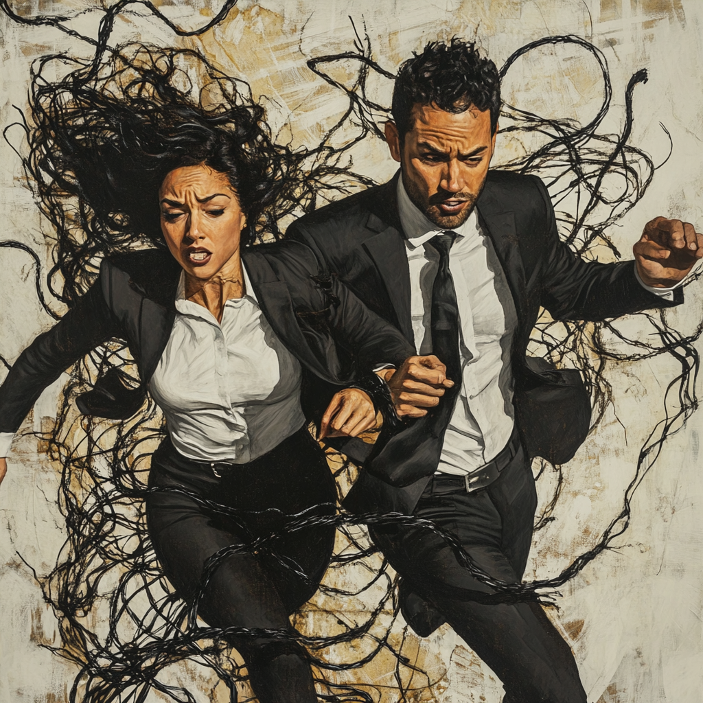 Multiracial Business Duo Escaping Tangled Chaos