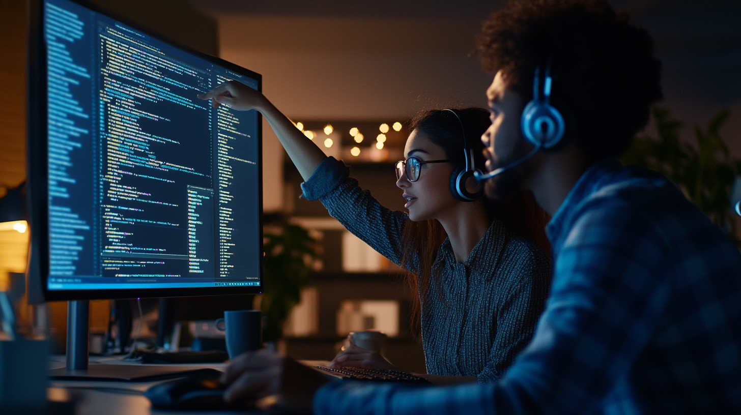 Multiracial male and female developers coding together at night.