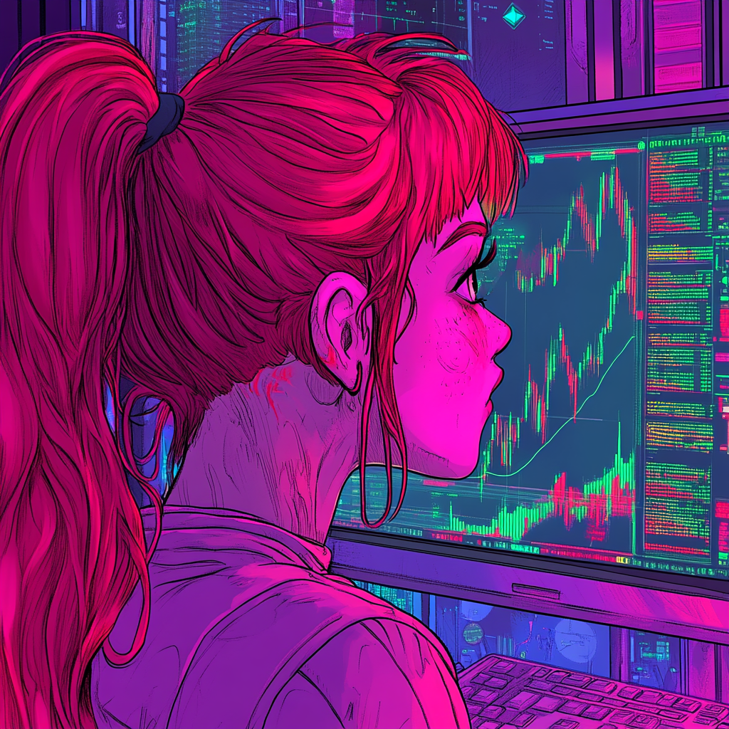 Muppet-style Pinkish Red Female Viewing Trippy Crypto Chart 