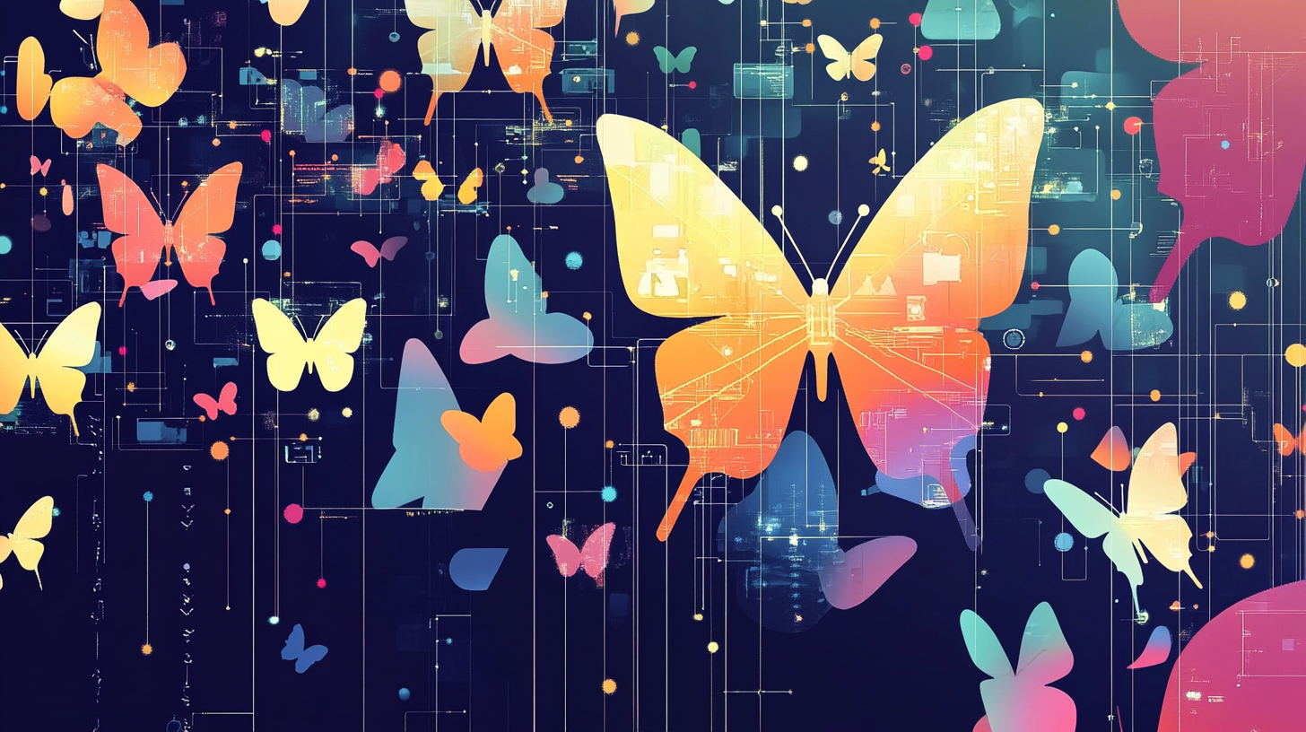 Mural depicts connection between humans and technology using butterflies.