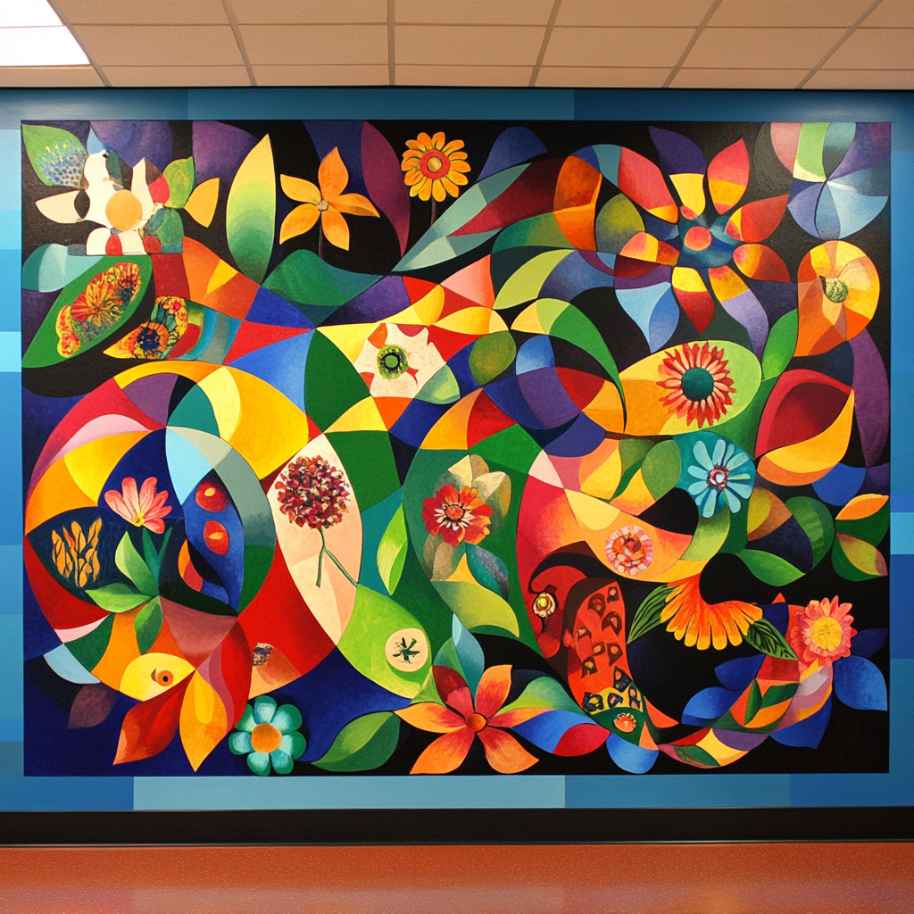 Mural with diverse patterns, cultural motifs and student expression.