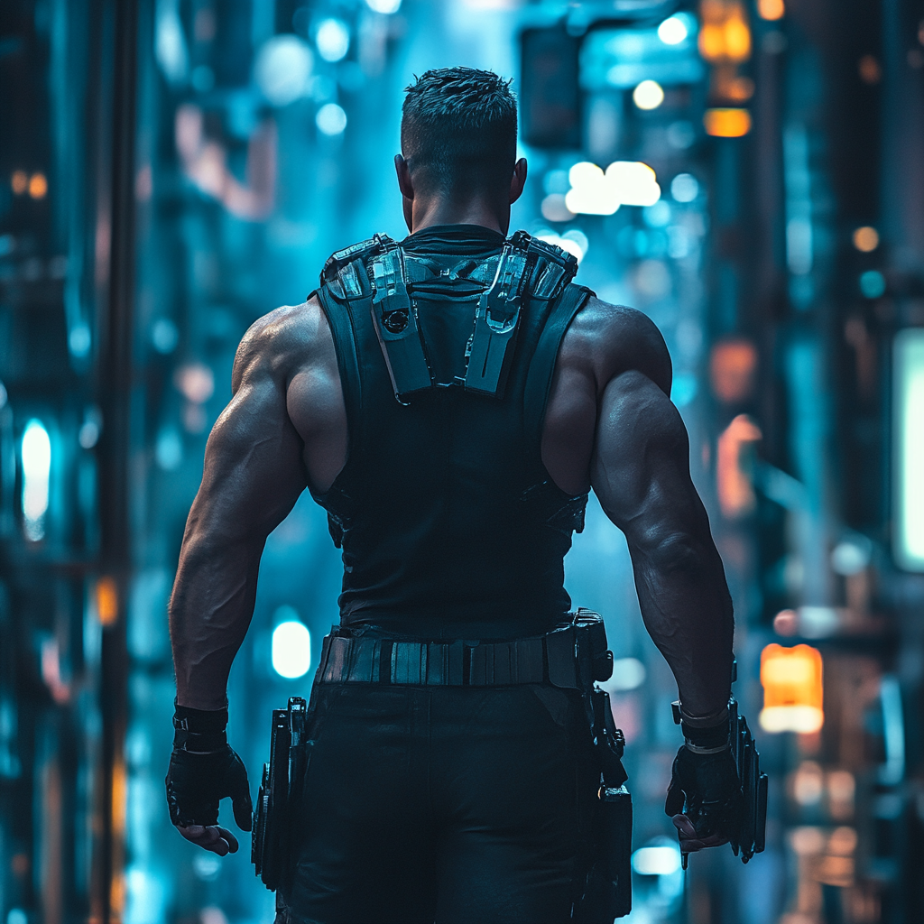 Muscled man in dark futuristic city, cinematic lighting 