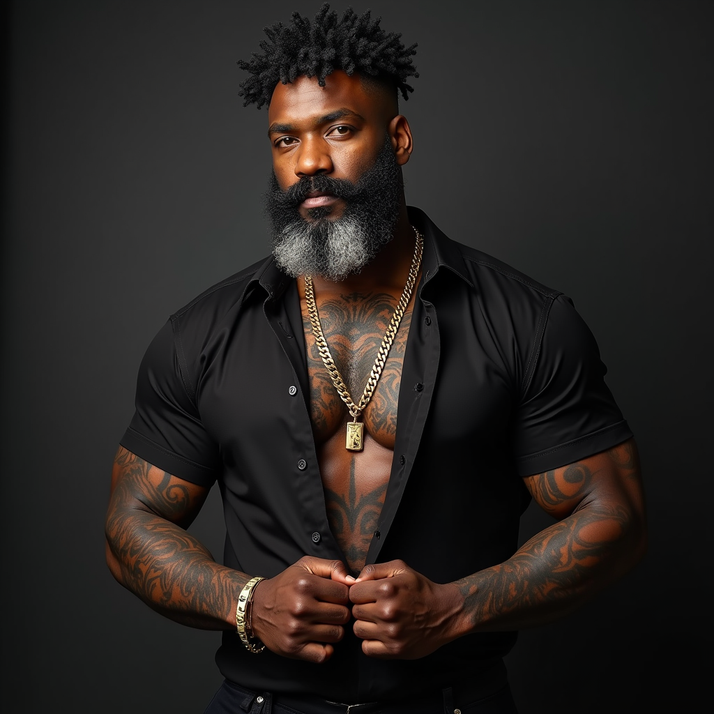 Muscular African American Man with Tattoos and Chain