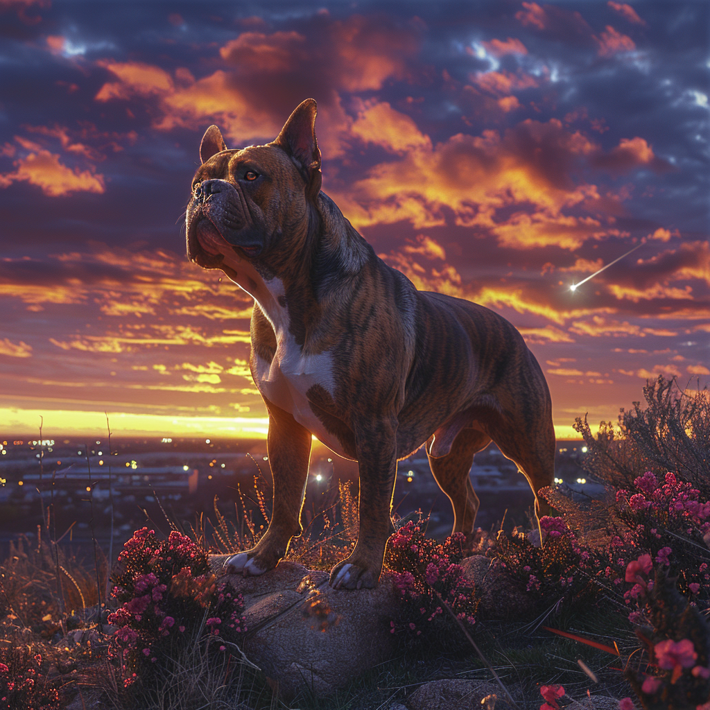 Muscular American Bully Dog at Majestic Sunset Landscape