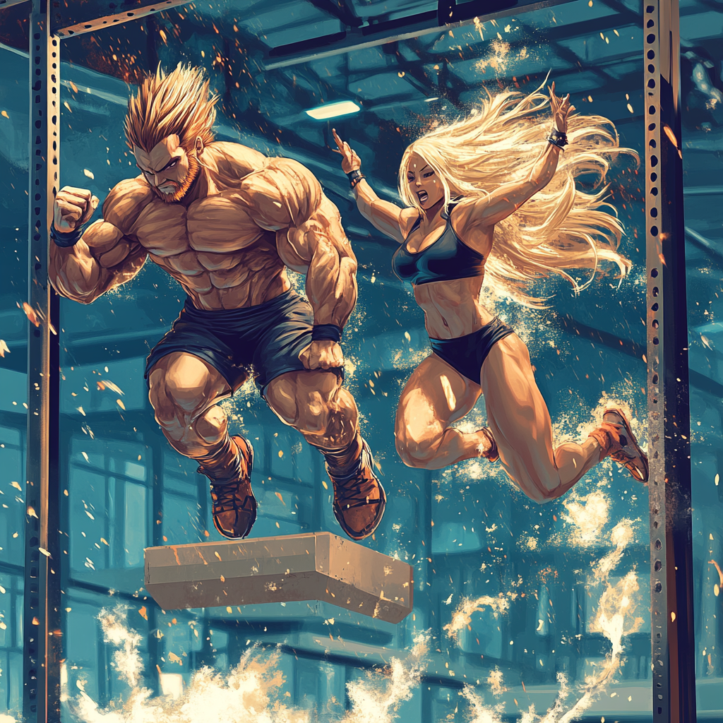 Muscular CrossFit athletes leap with dynamic Dragon Ball energy.