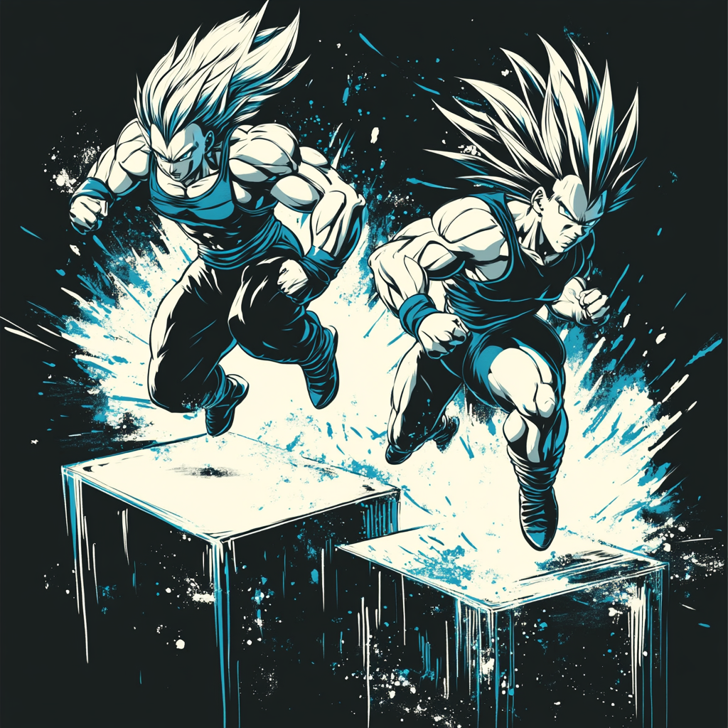 Muscular CrossFit athletes mid-air in Dragon Ball Z style.