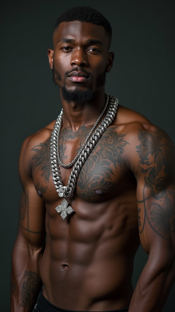 Muscular Dark-Skinned Man with Diamond Chain and Tattoos