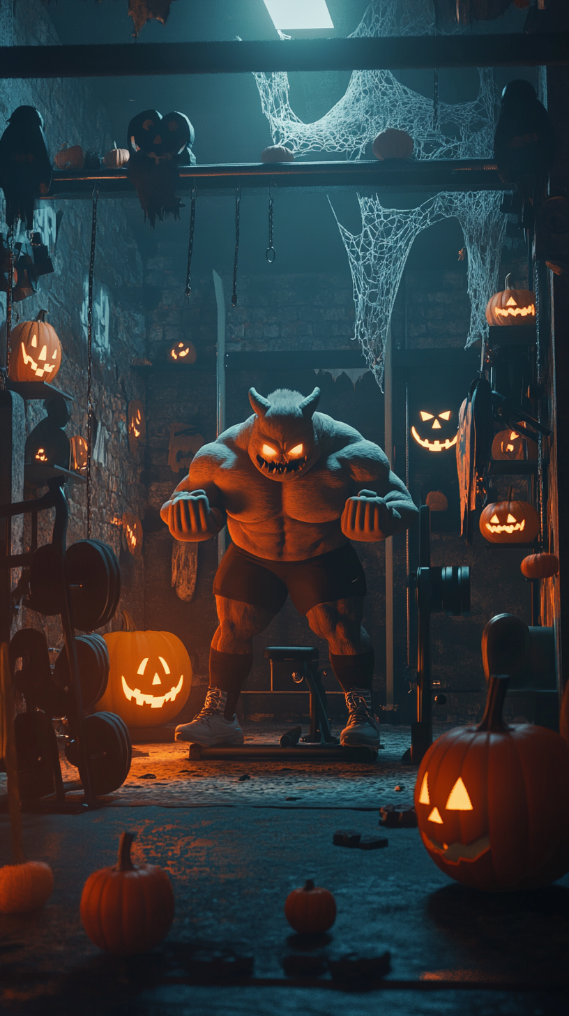 Muscular Halloween Monster Working Out in Spooky Gym