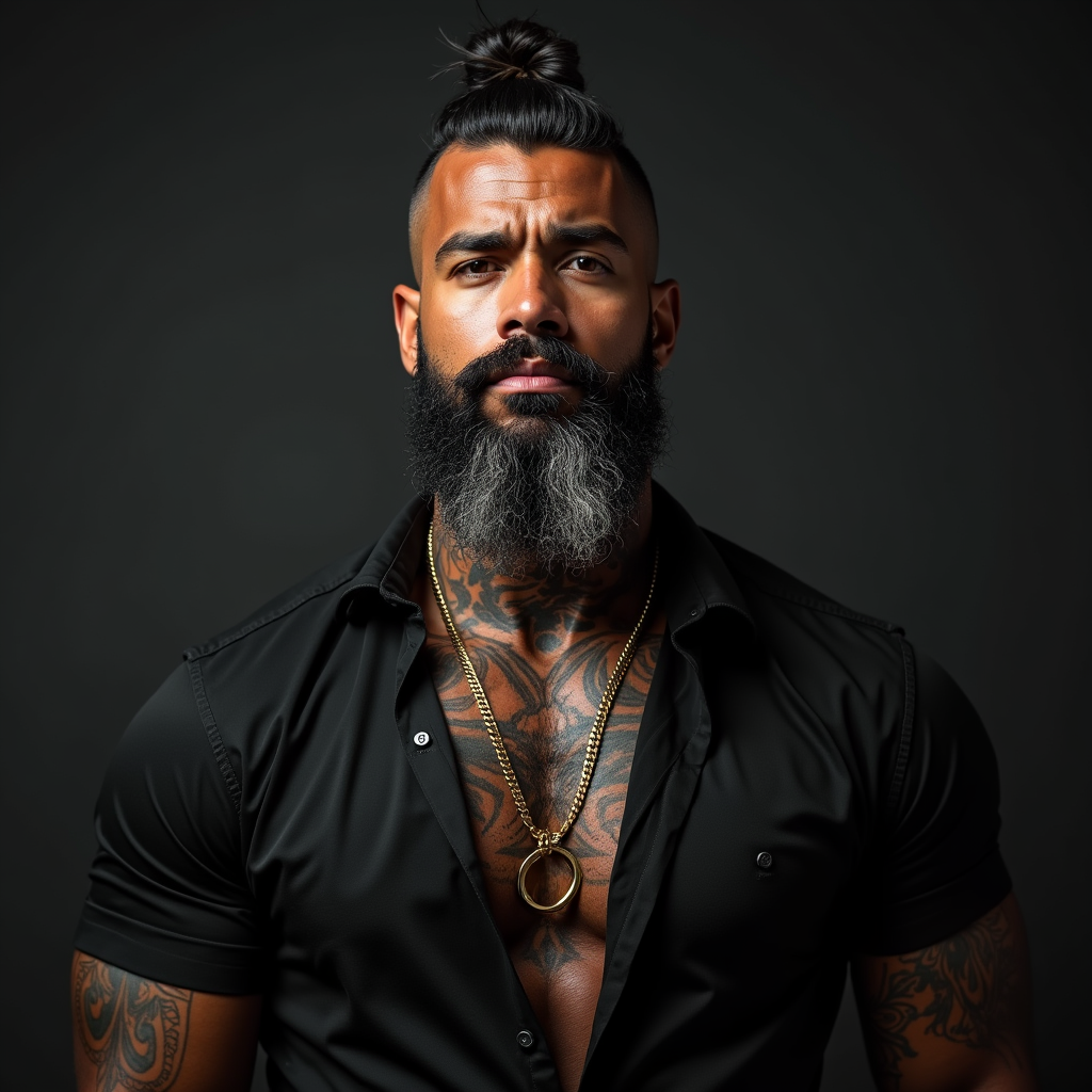 Muscular Man with Beards, Tattoos, and Gold Chain