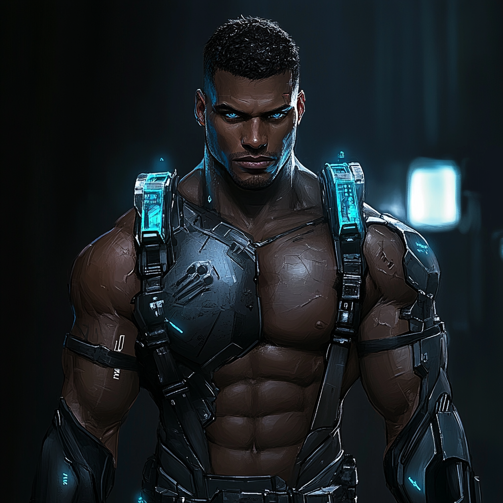 Muscular Sci-Fi Hero with Dark Skin and Blue Eyes