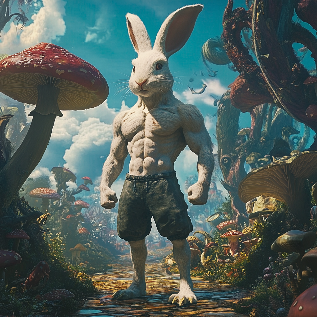 Muscular White Rabbit in Gym Clothes in Wonderland