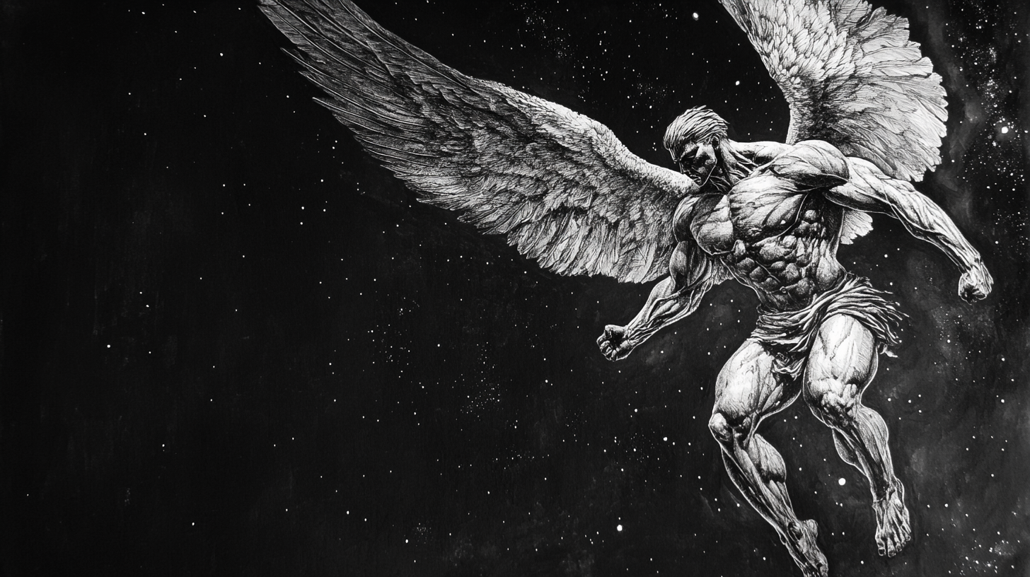 Muscular angel, fierce and determined, flying through space.