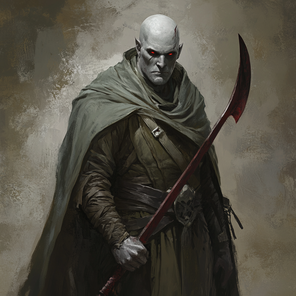 Muscular bald man in green cloak with sickle.