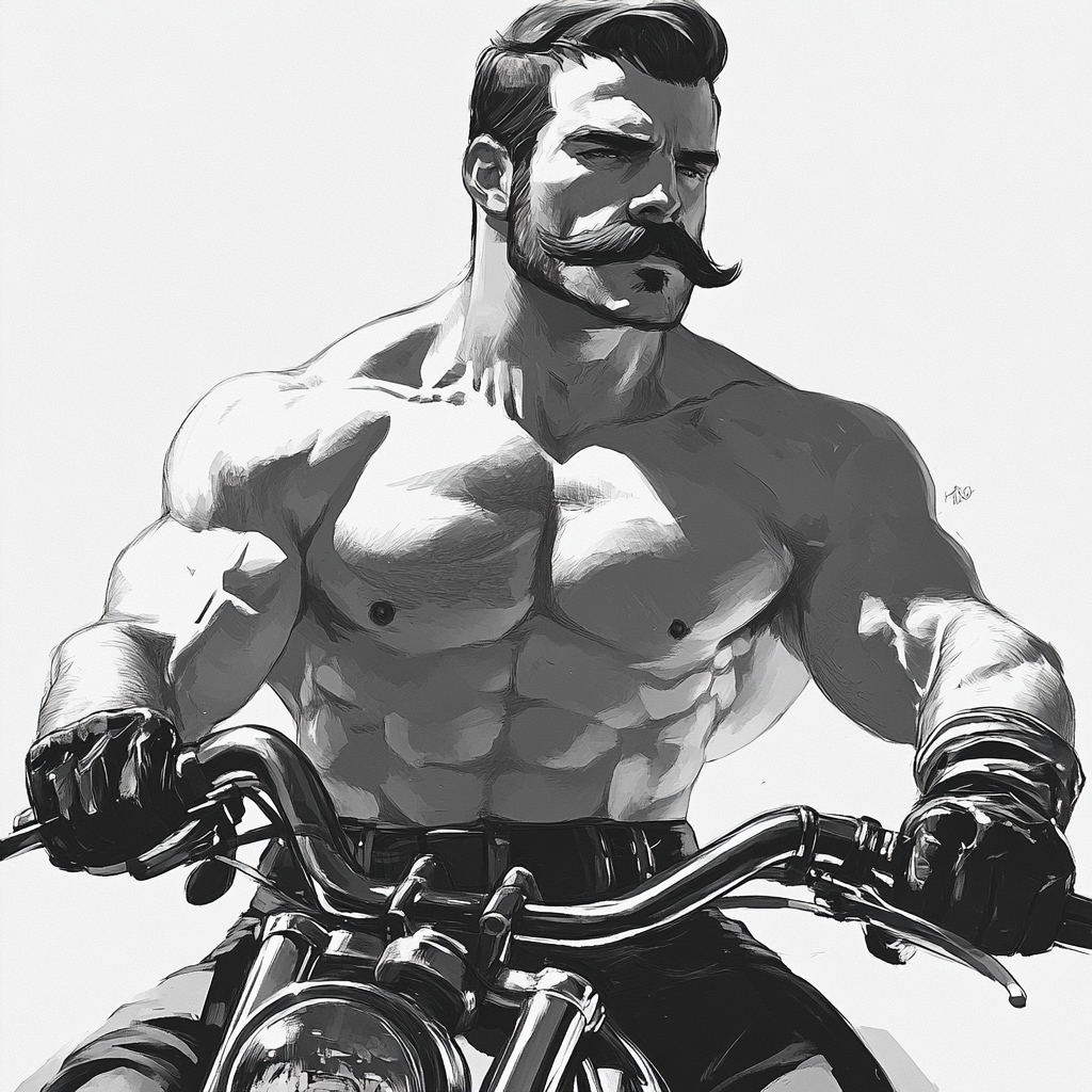 Muscular biker with mustaches in Tom of Finland style.